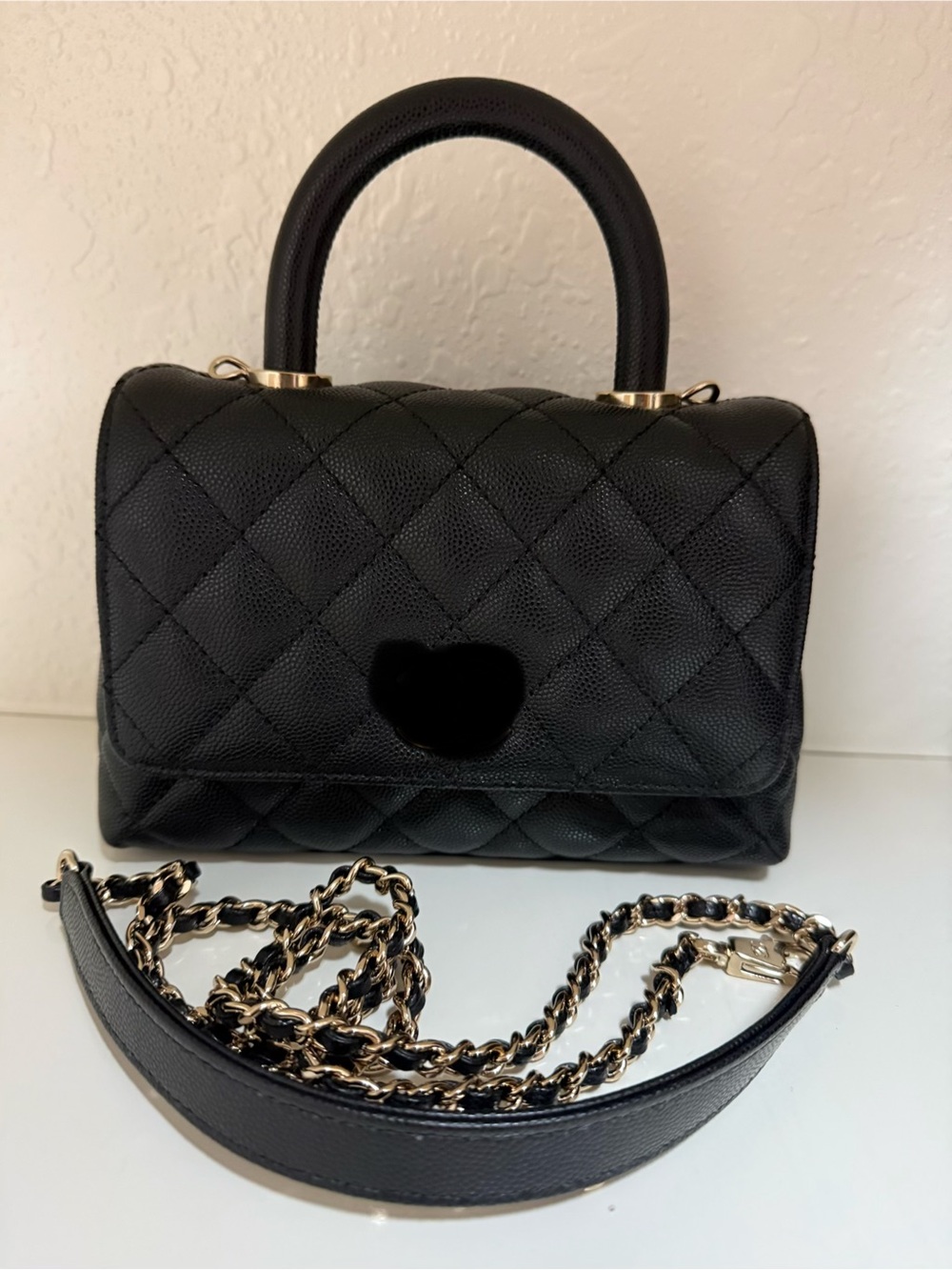 Black Quilted Leather Shoulder Bag with Gold Hardware